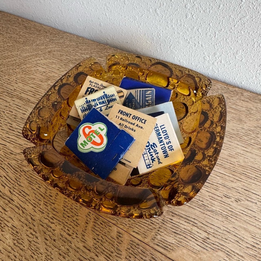 Blue Vintage Matchbook Collection in Amber MCM Glass Ashtray